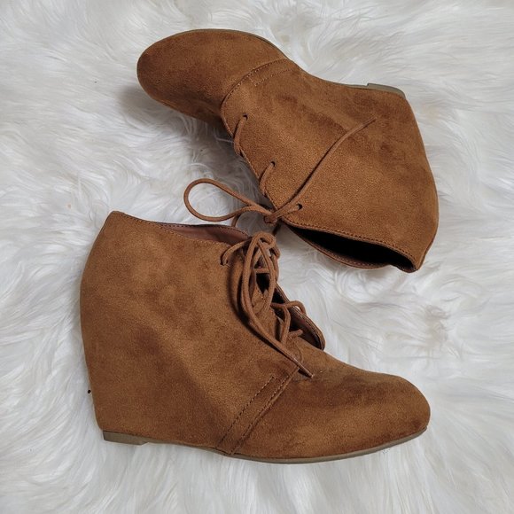 Soda Faux Suede Wedge Booties Camel Brown Round Toe Lace Up Womens Casual 7 - Picture 2 of 9